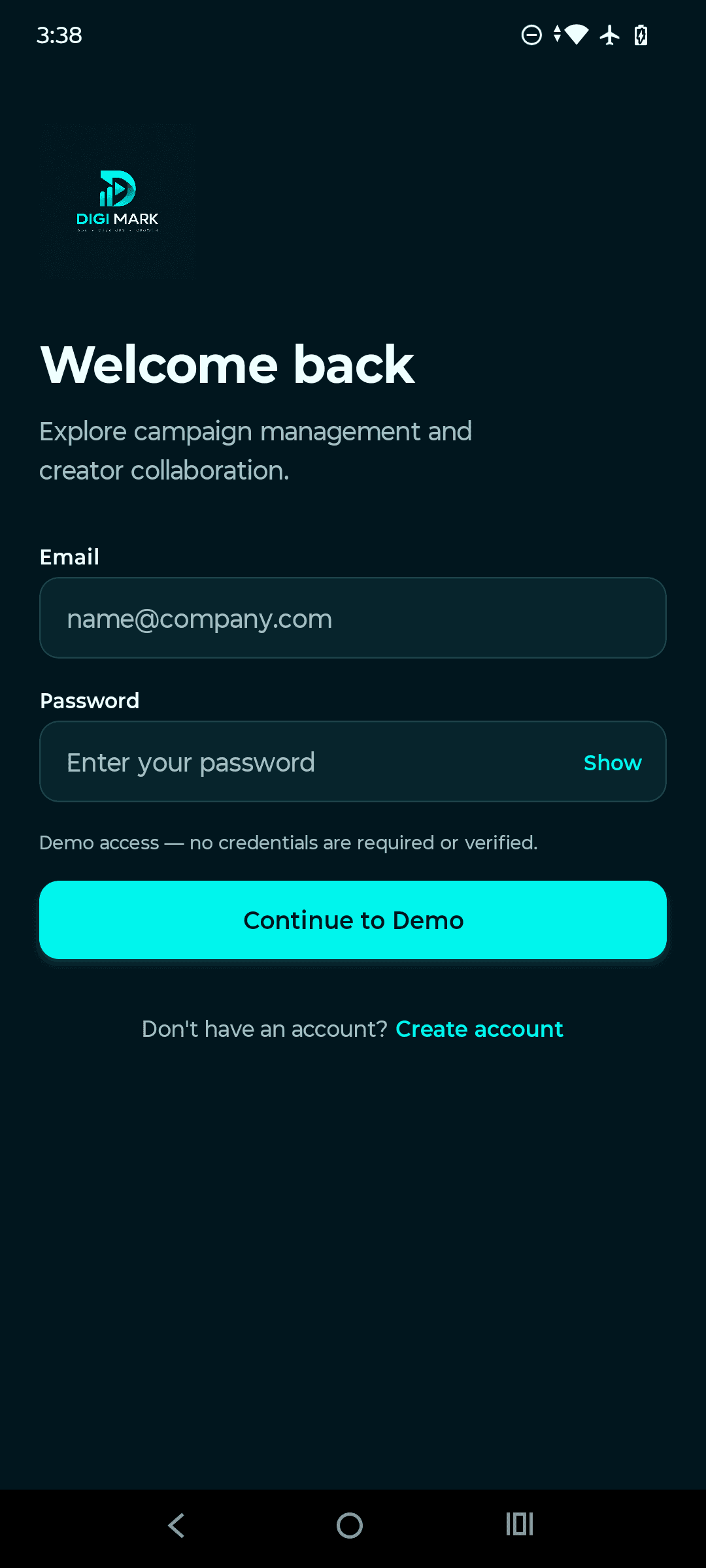 DigiMark prototype login screen for entering the demonstration workspace without real credentials.
