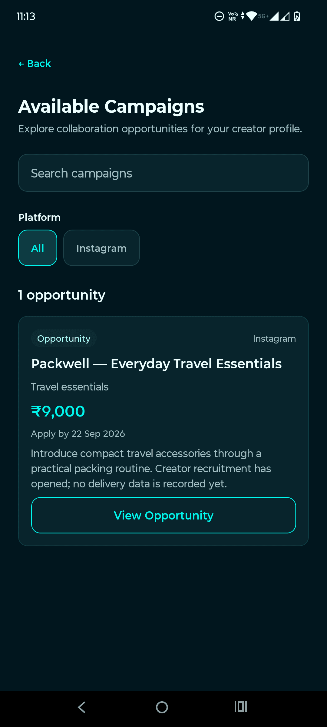 Available campaigns screen presenting fictional brand collaboration opportunities for creators.