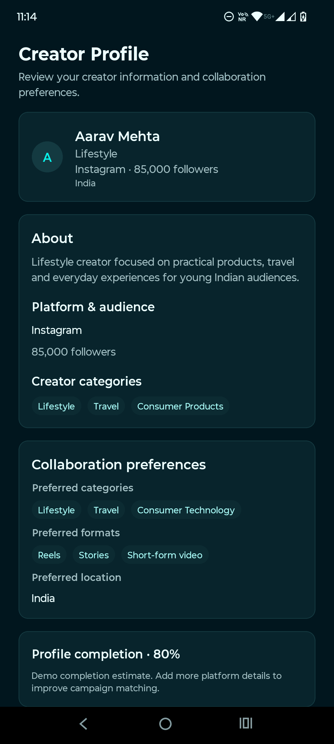 Demonstration creator profile with audience information and collaboration preferences.