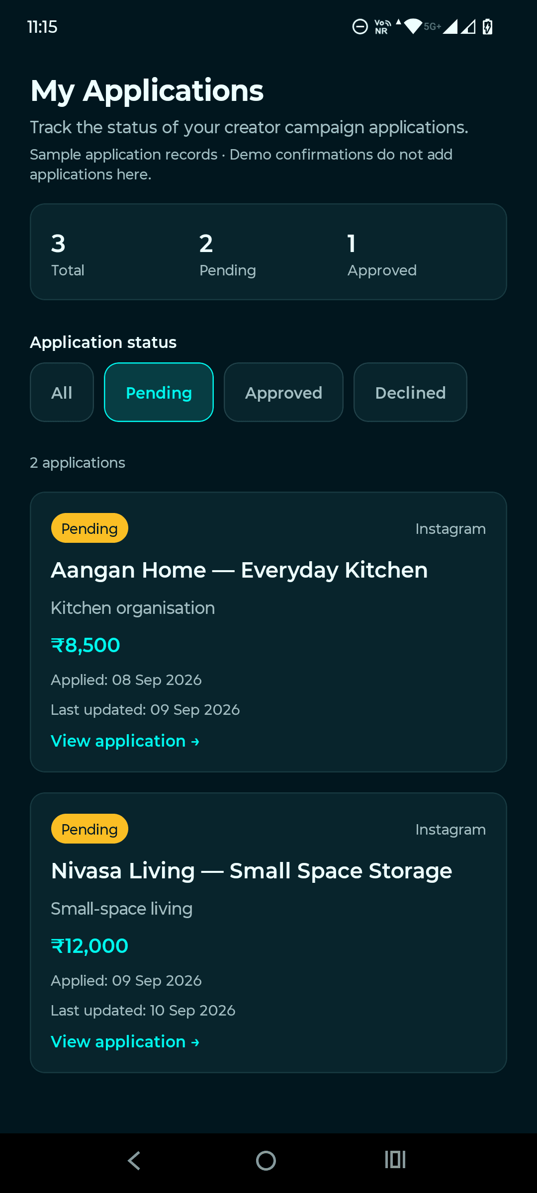 Creator applications screen with sample application records and statuses, not real submissions.