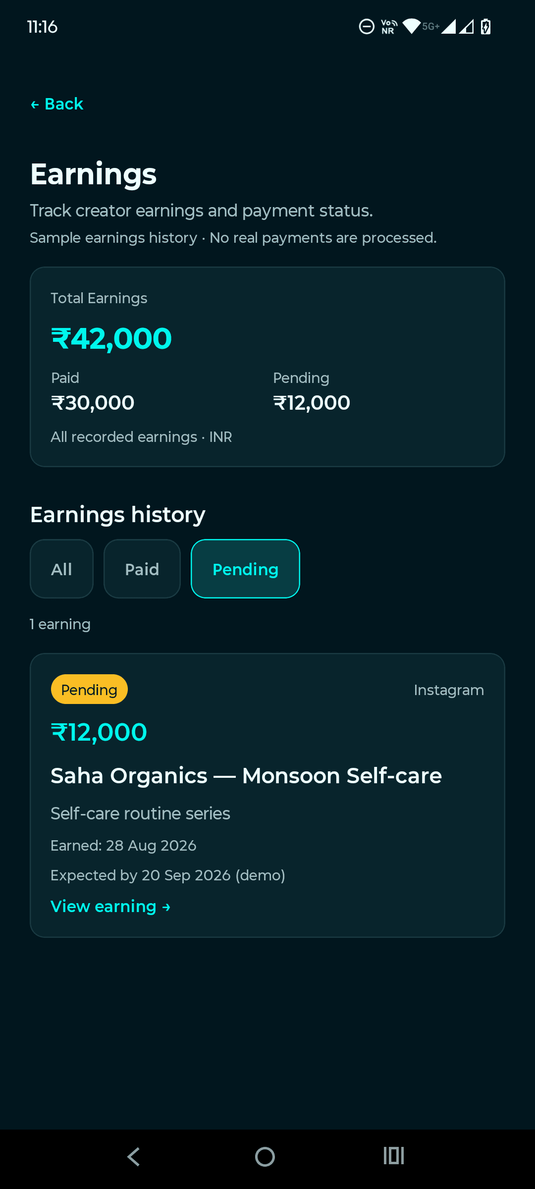 Creator earnings screen with demonstration amounts and a disclaimer that no real payments are processed.